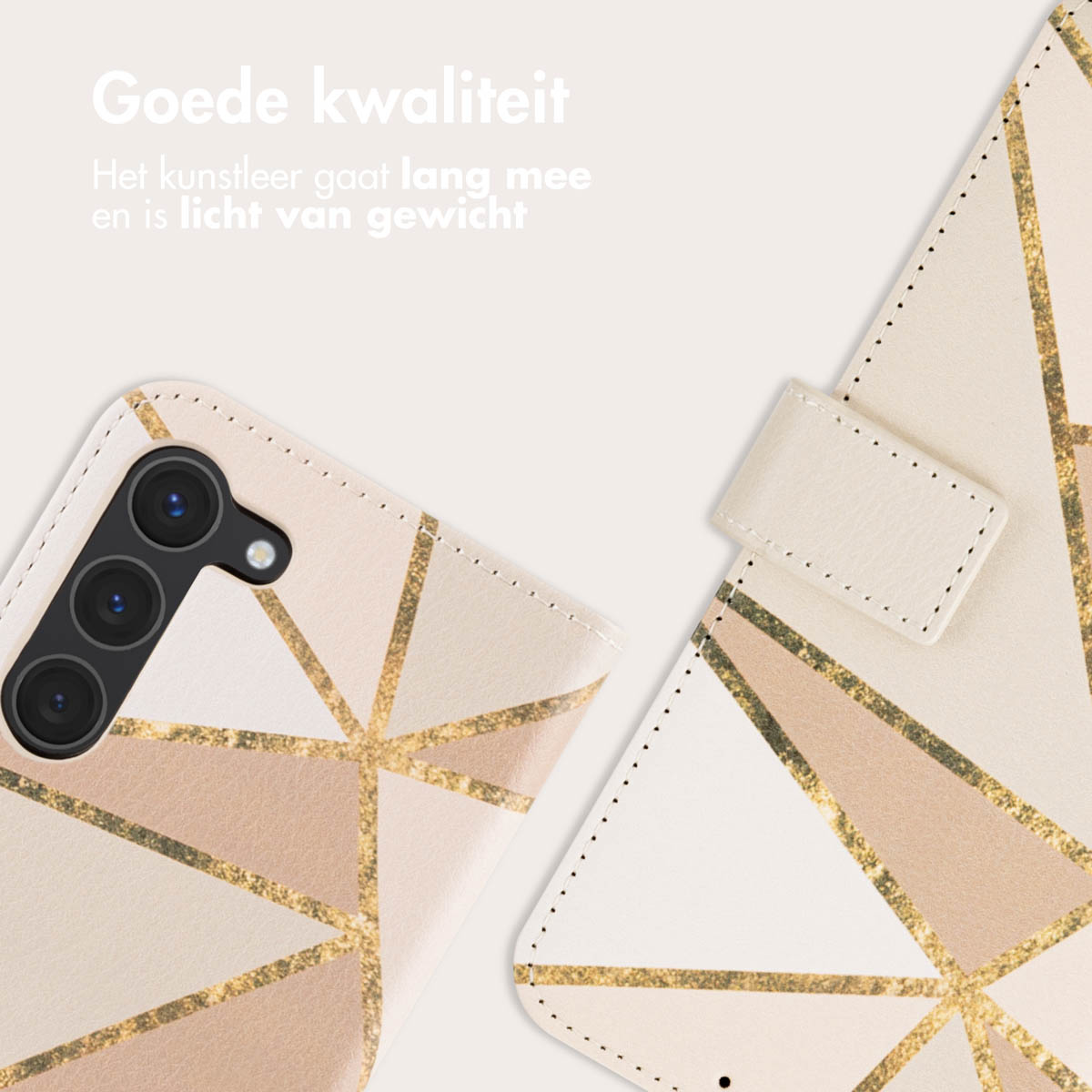 Coque de téléphone ouverte. Elle est de couleur crème avec des motifs géométriques dorés.