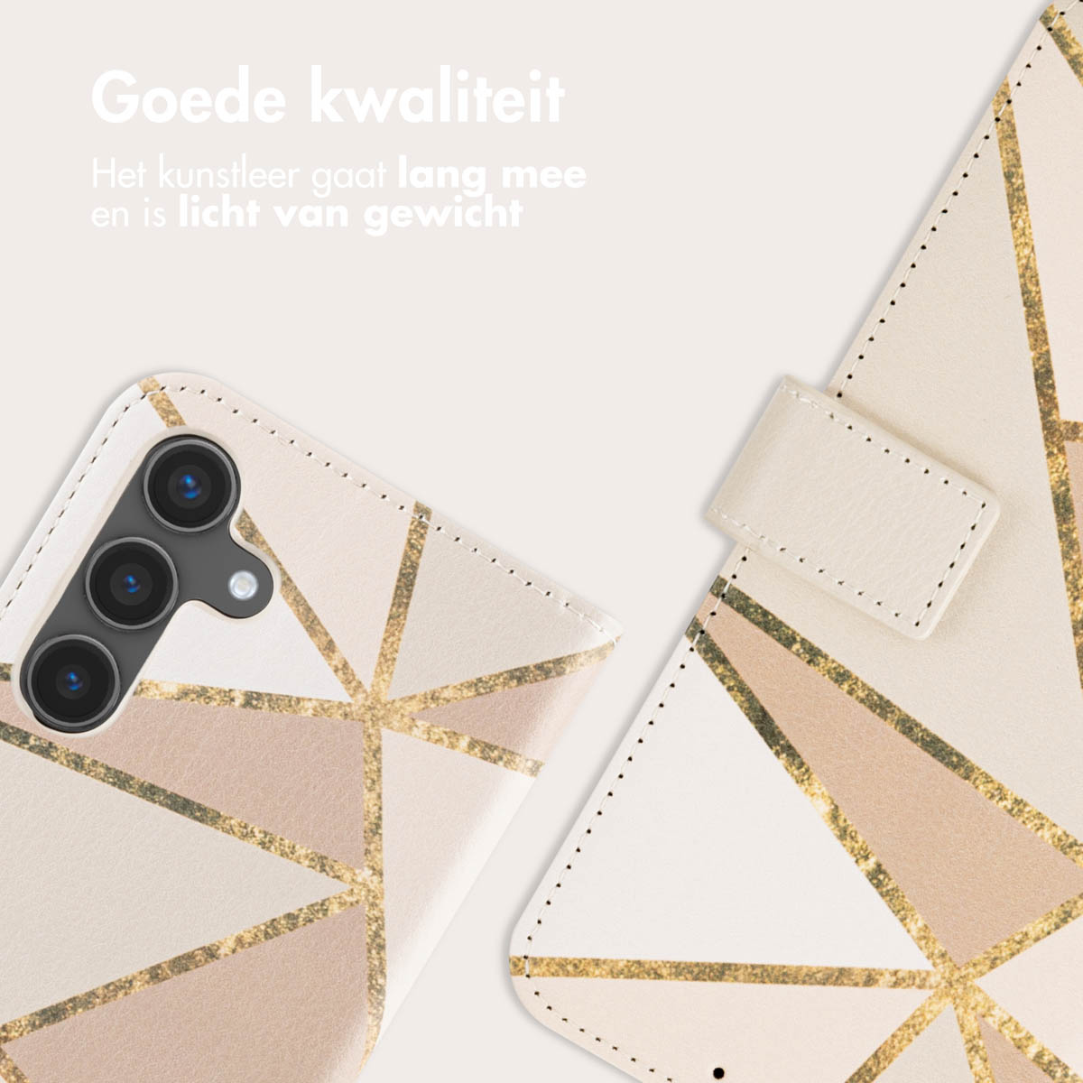 Telefoonhoesje met een geometrisch ontwerp. Witte, beige en gouden kleuren zijn zichtbaar. Bovenaanzicht.