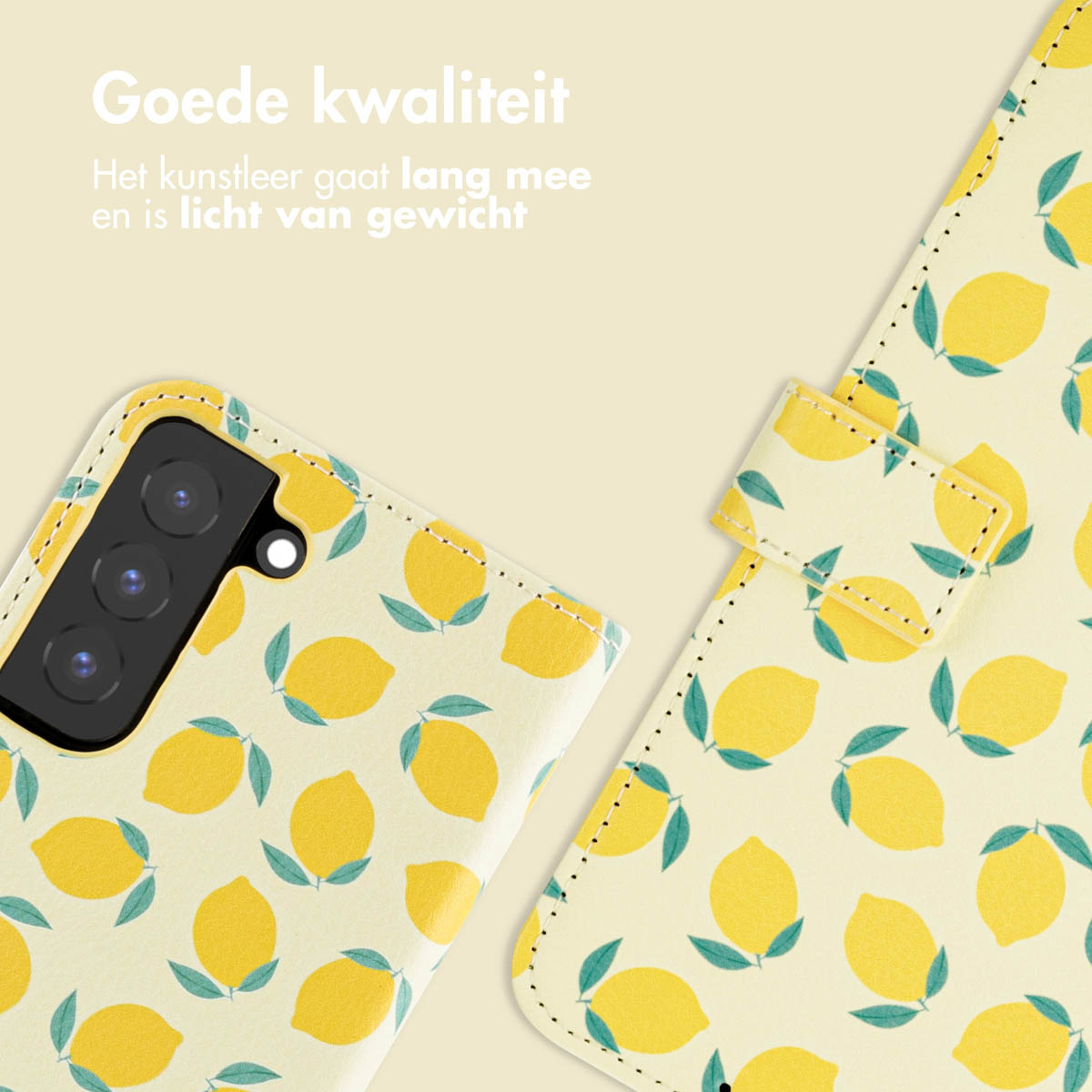 Étui de téléphone avec motif de citrons jaunes. Texte : Bonne qualité.