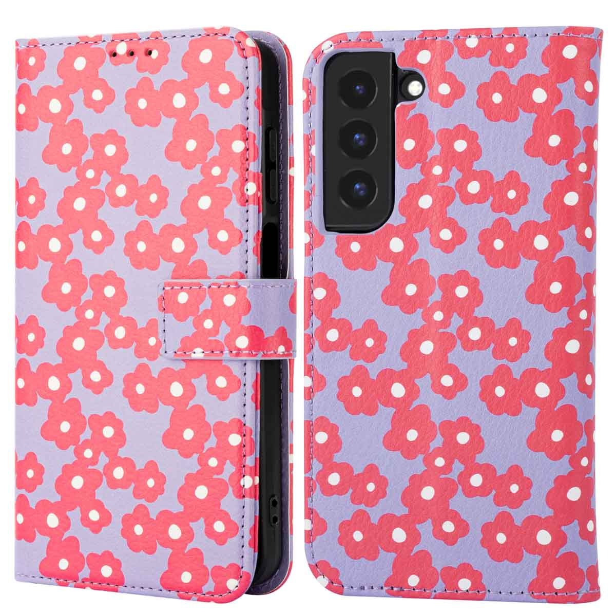 Étui de téléphone violet avec motif de fleurs rouges. Ouvert, montrant le téléphone et l'intérieur noir. Fond blanc.