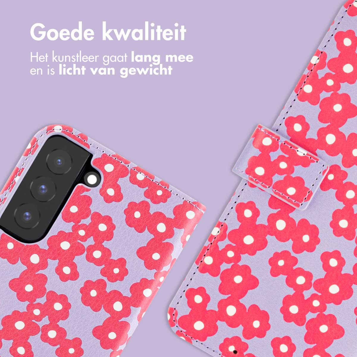Coque de téléphone à motifs de fleurs rouges, ouverte, texte néerlandais : bonne qualité.
