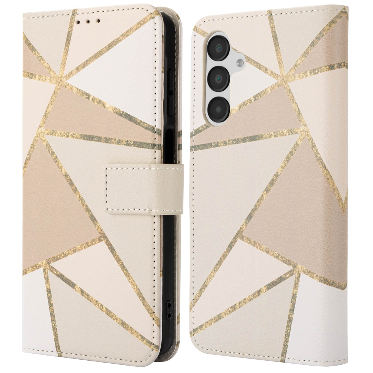 Coque de téléphone avec un motif géométrique. Elle est beige, blanche et dorée, avec un fermoir.