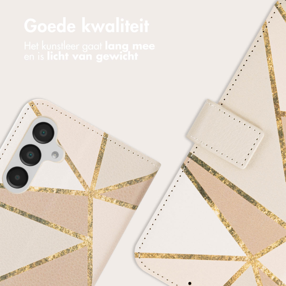 Coque de téléphone beige avec un design géométrique doré. La caméra est dans le coin supérieur gauche, étui ouvert.