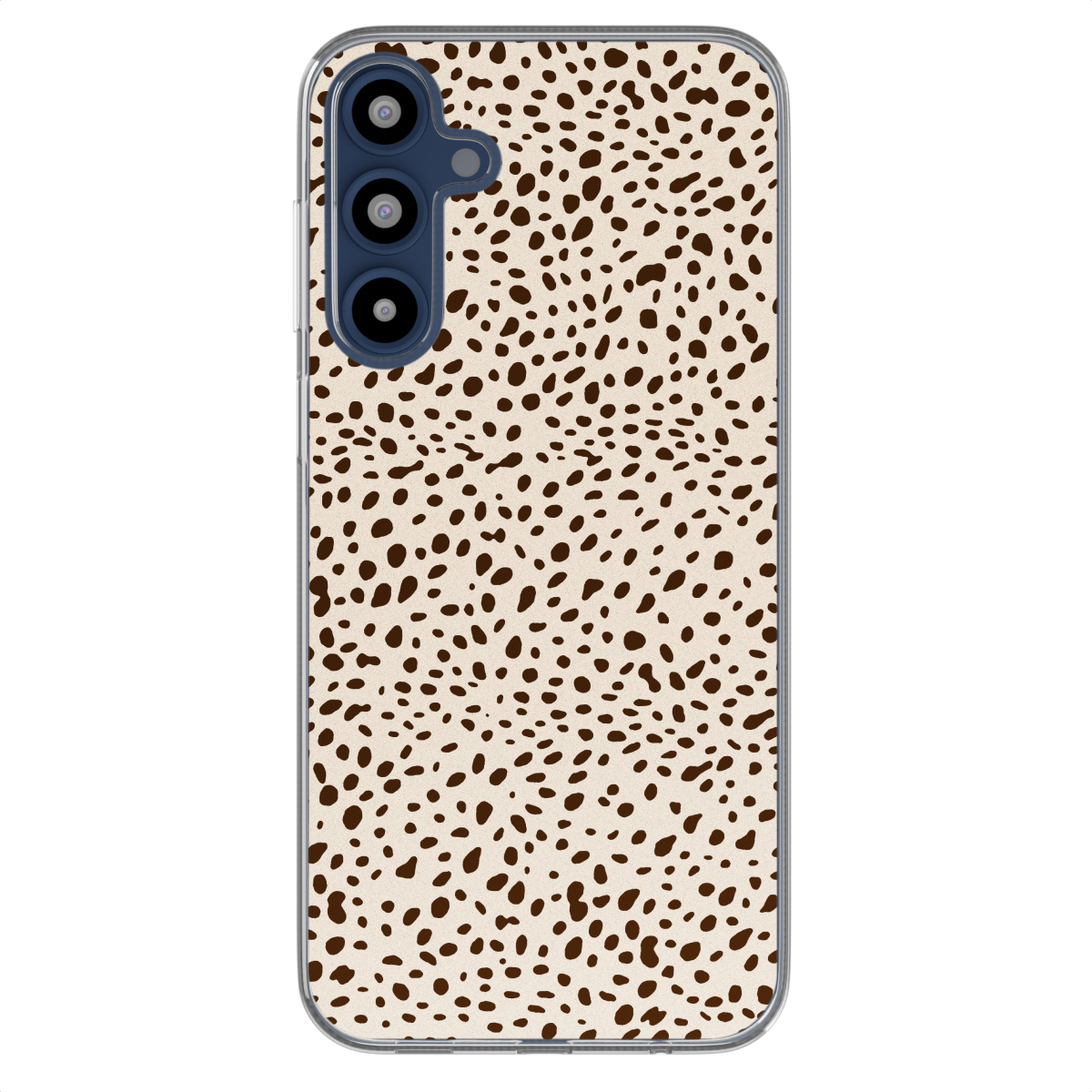 Coque de téléphone avec un motif de taches marron sur fond crème. Le téléphone et la coque sont visibles.