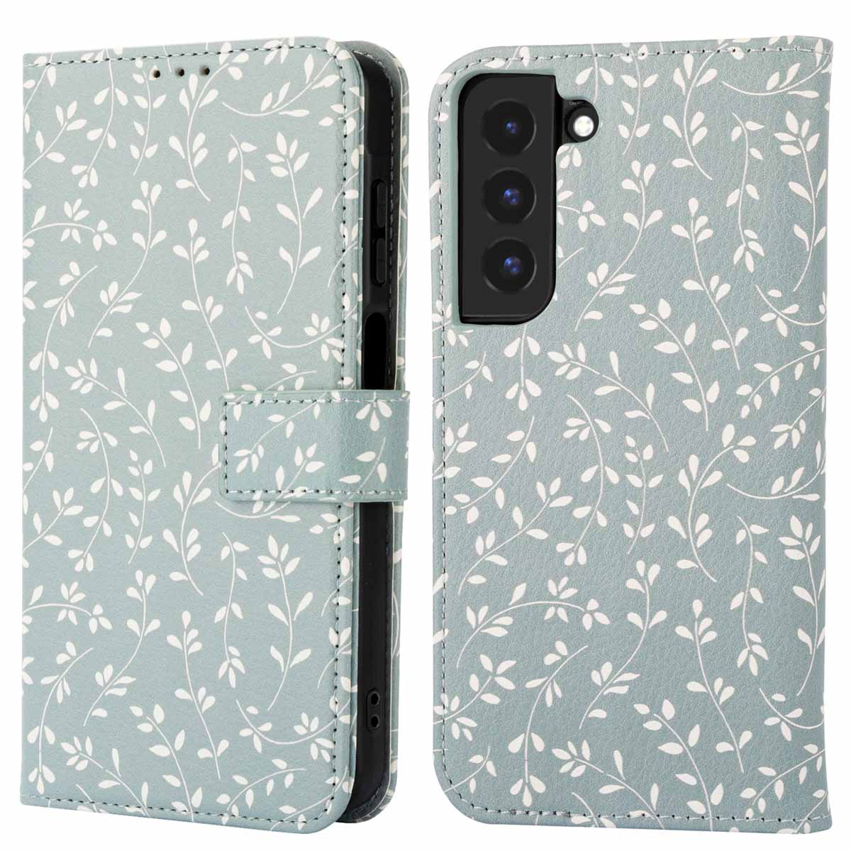 Un étui de téléphone avec un motif floral bleu clair, ouvert pour montrer le téléphone.