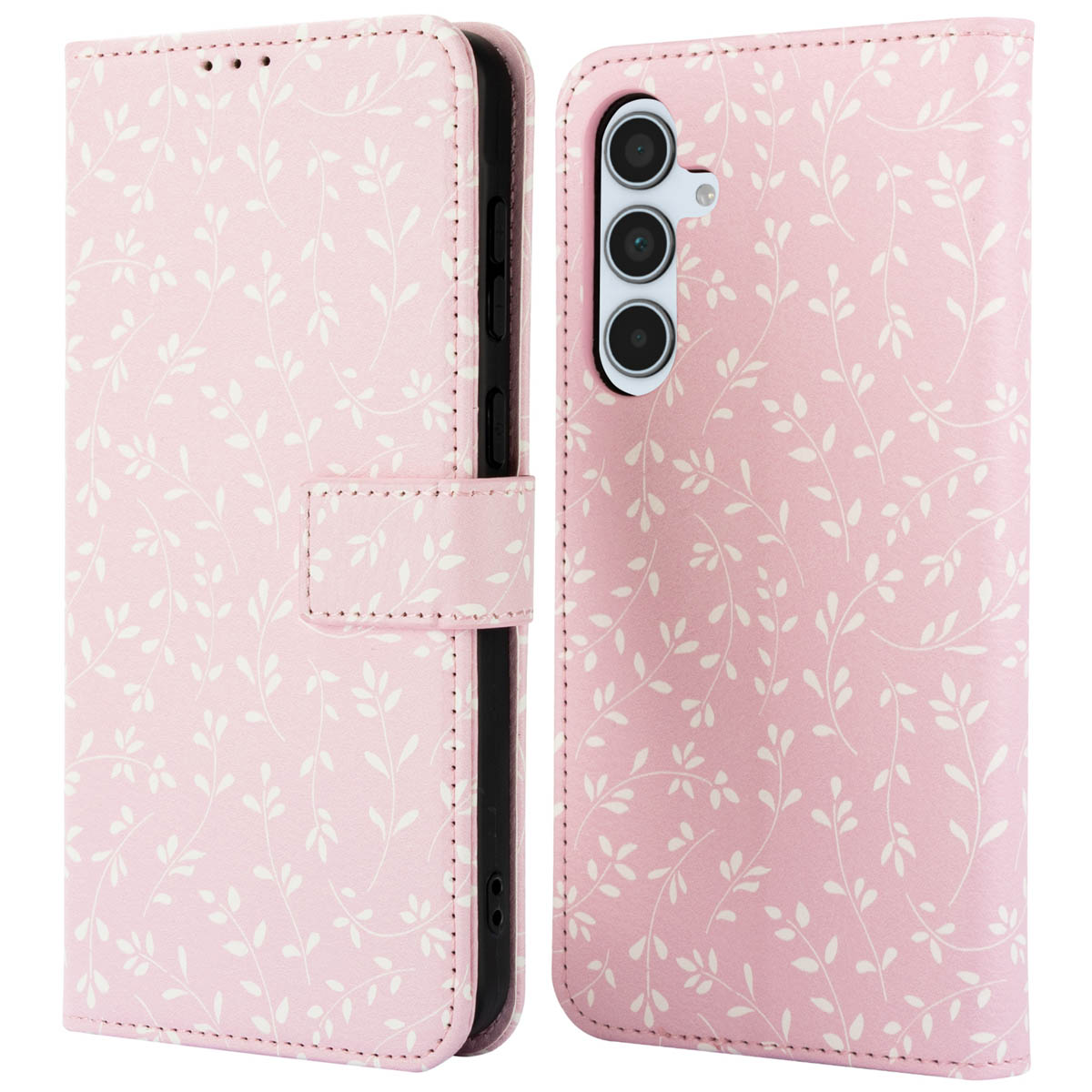 Roze telefoonhoesje met wit bladerpatroon. Open hoesje, telefoon rechts. Camera bovenaan.
