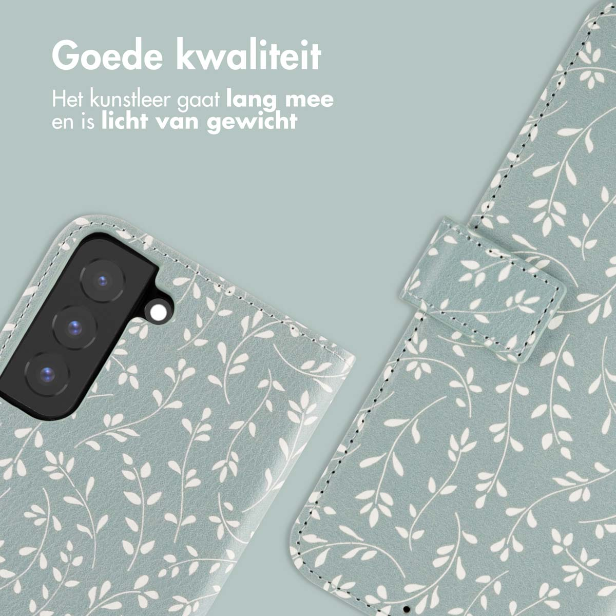 Coque de téléphone à motifs floraux blancs, ouverte, texte néerlandais : bonne qualité.