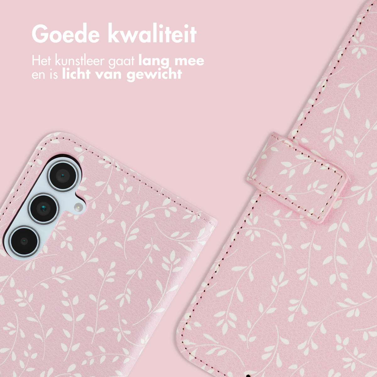 Roze telefoonhoesje met bloemenpatroon, open, met de telefoon en een magnetische sluiting.