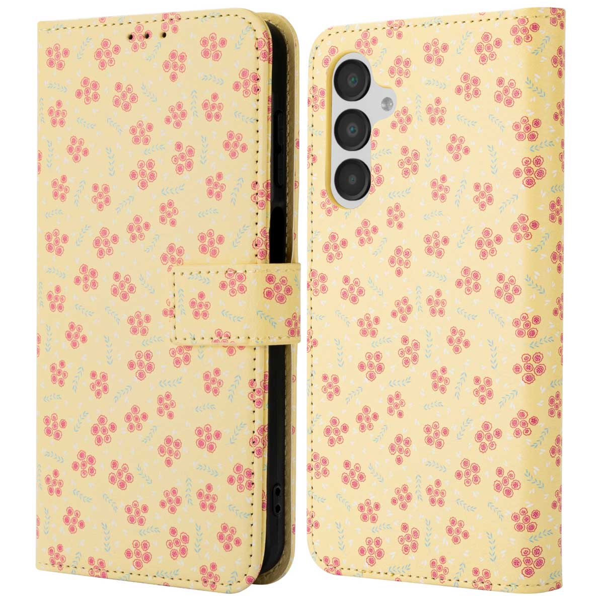 Een telefoonhoesje open, met een geel bloemenpatroon. De telefoon zit erin.