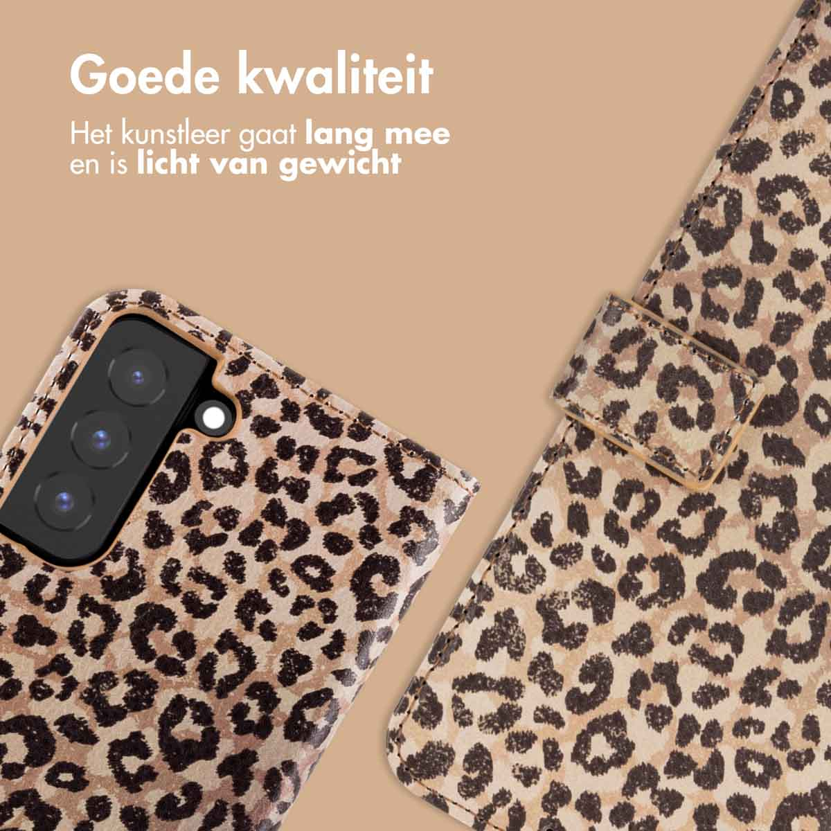 Coque de téléphone à imprimé léopard. Taches marron et beige sur fond marron clair. Un téléphone est à l'intérieur.