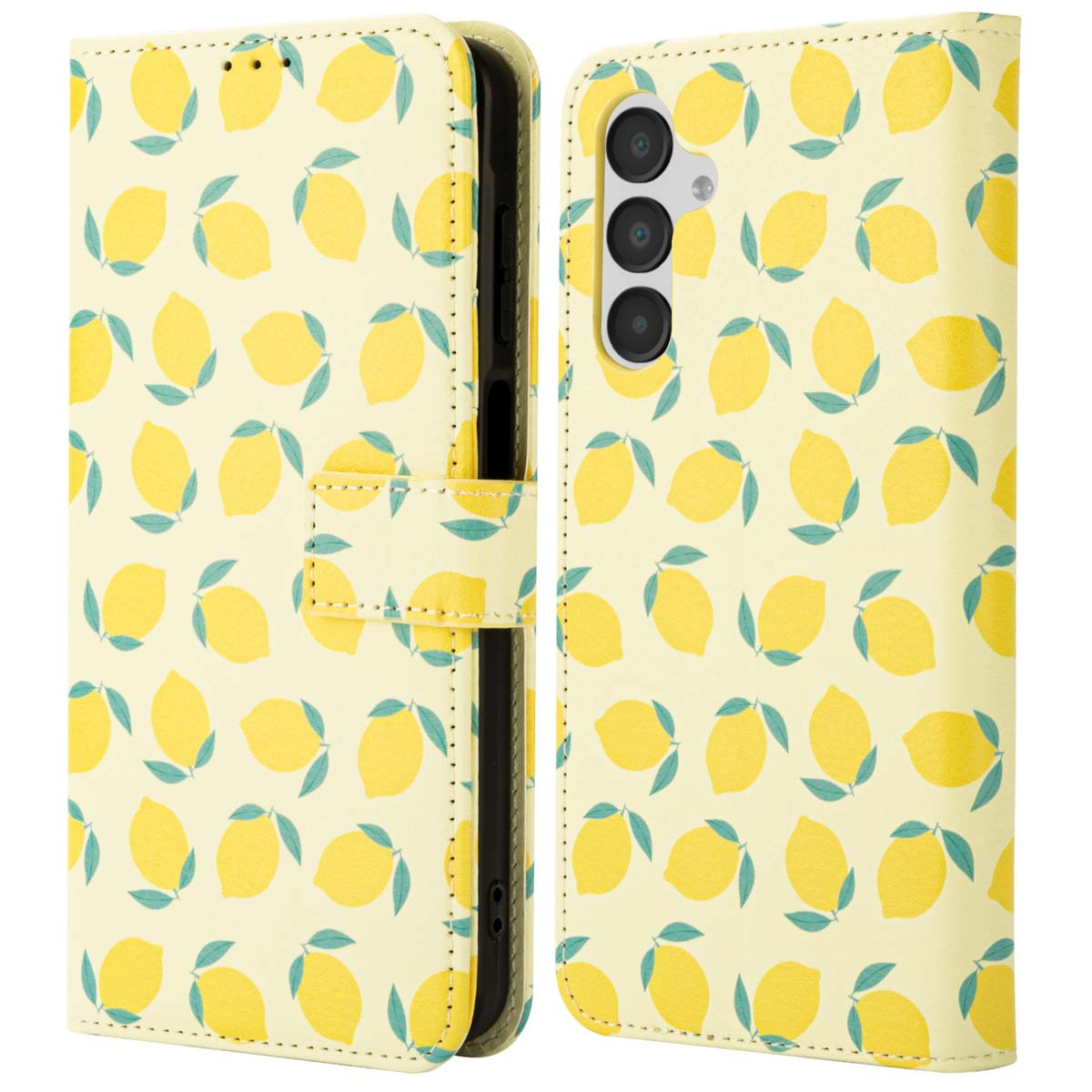 Telefoonhoesje met citroenen op een gele achtergrond. De hoes is open.