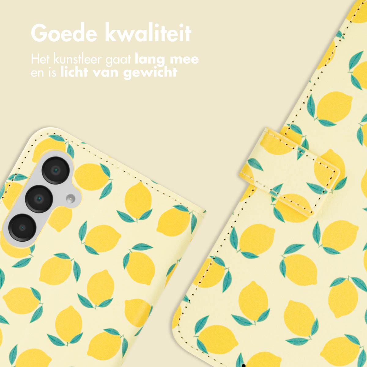 Telefoonhoesje met geel citroenpatroon. Tekst: Goede kwaliteit.
