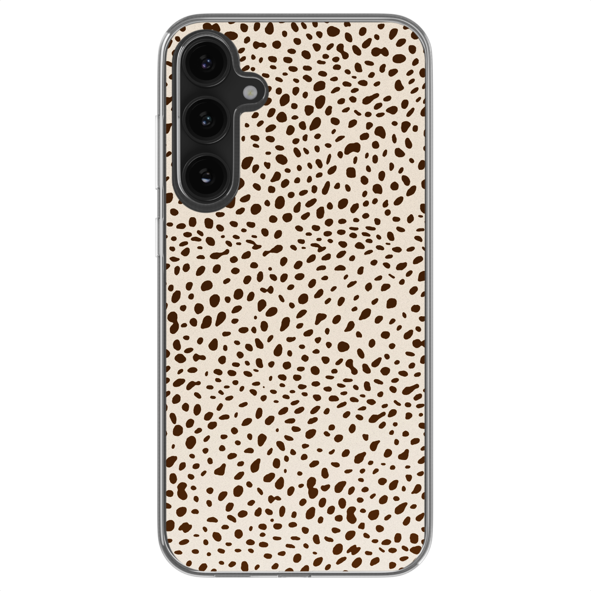 Een telefoonhoesje met een crèmekleurige achtergrond bedekt met bruine stippen.