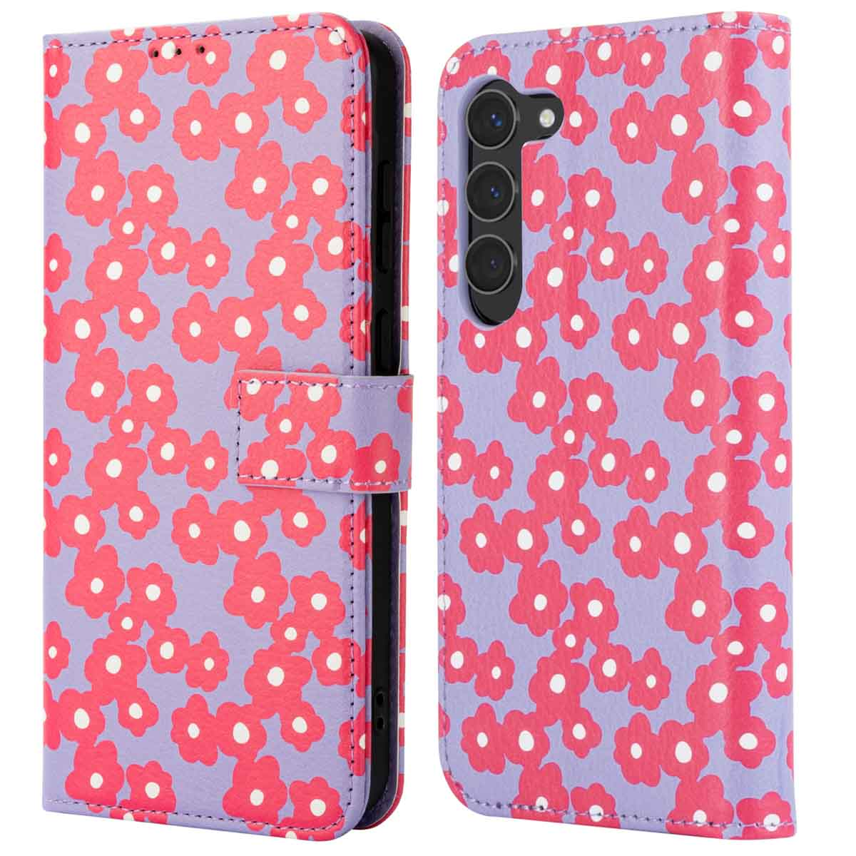 Coque de téléphone violette avec un motif de fleurs rouges. La coque est ouverte, montrant le téléphone à l'intérieur.