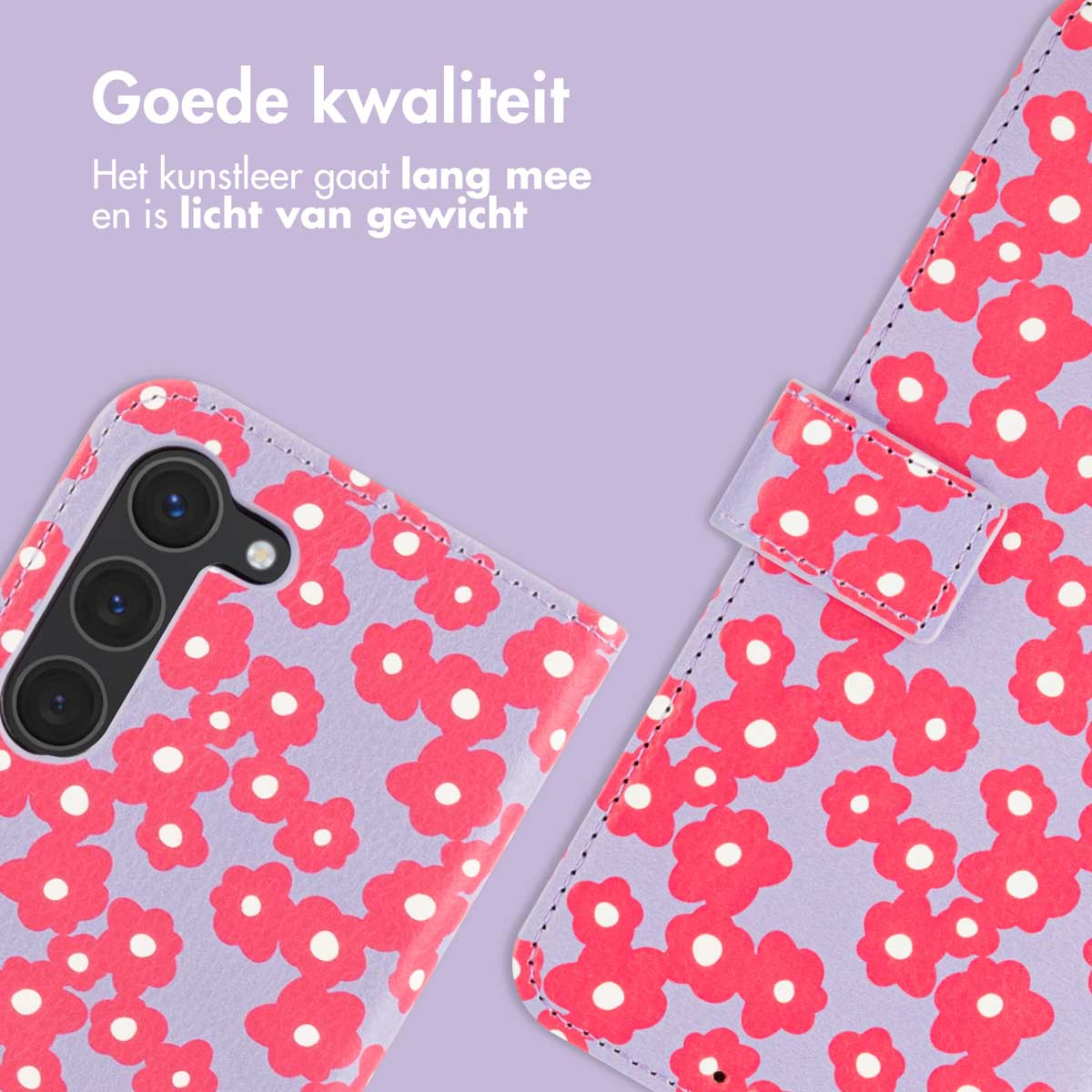 Coque de téléphone avec des fleurs rouges sur fond violet. L'étui est ouvert.