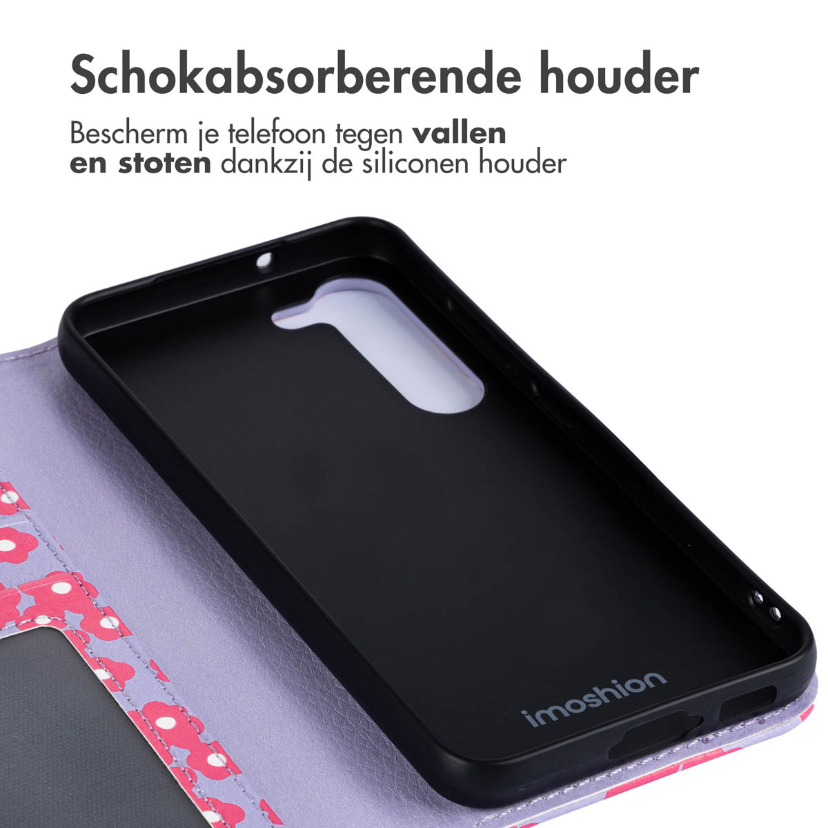 Intérieur d'étui de téléphone avec support noir et rabat violet à motifs floraux.