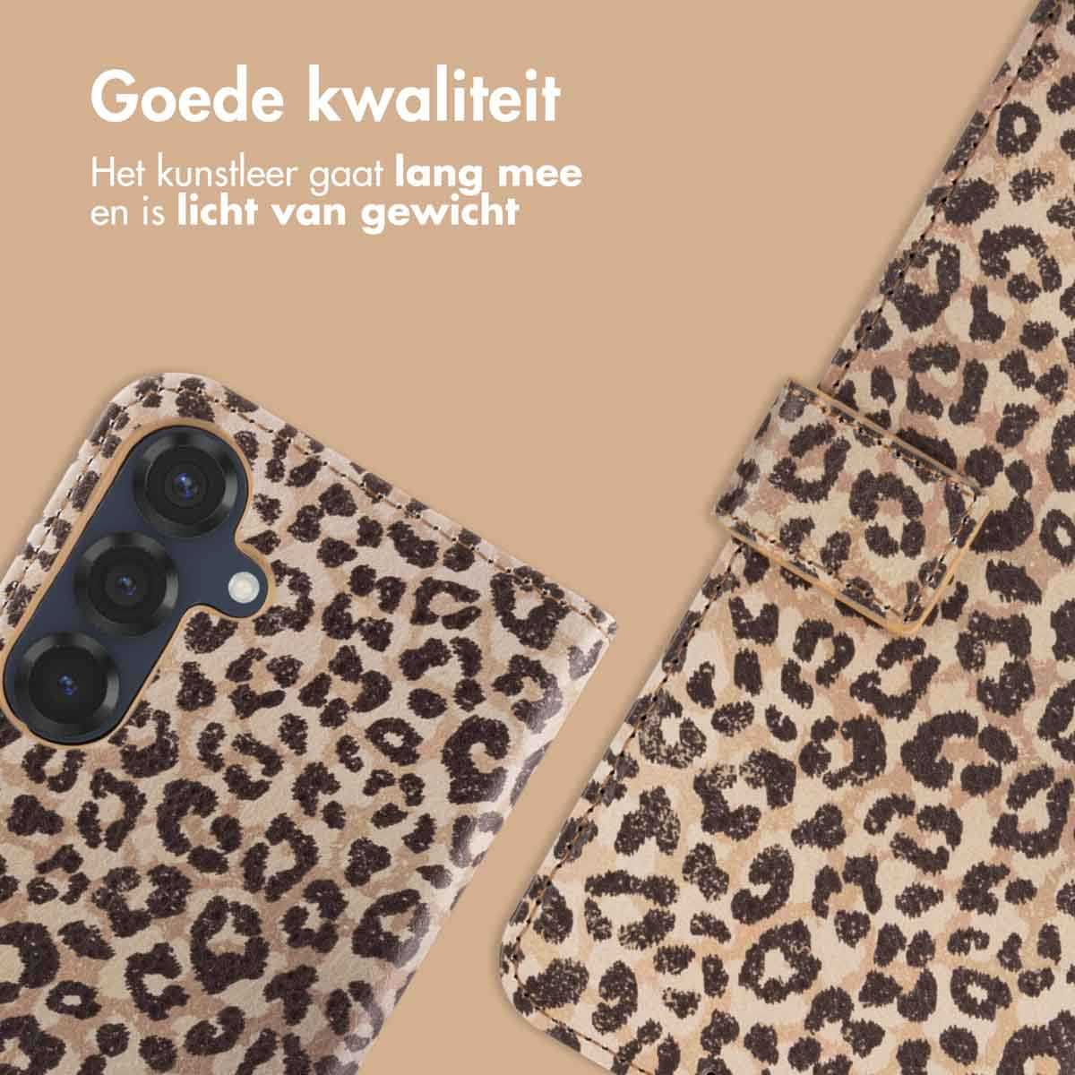 Coque de téléphone à imprimé léopard. Taches marron et beige sur fond marron clair. Un téléphone est à l'intérieur.