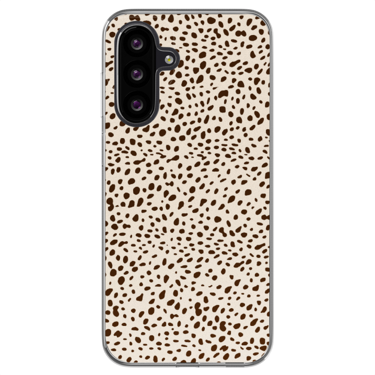 Telefoonhoesje met bruine stippen op een beige achtergrond. Cameramodule zichtbaar.