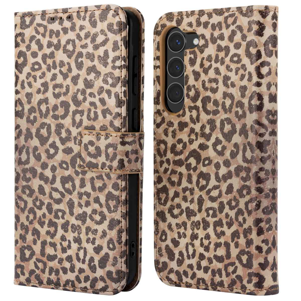 Custodia per telefono con stampa leopardata, aperta. Il telefono nero è visibile all'interno della custodia. Sfondo bianco.