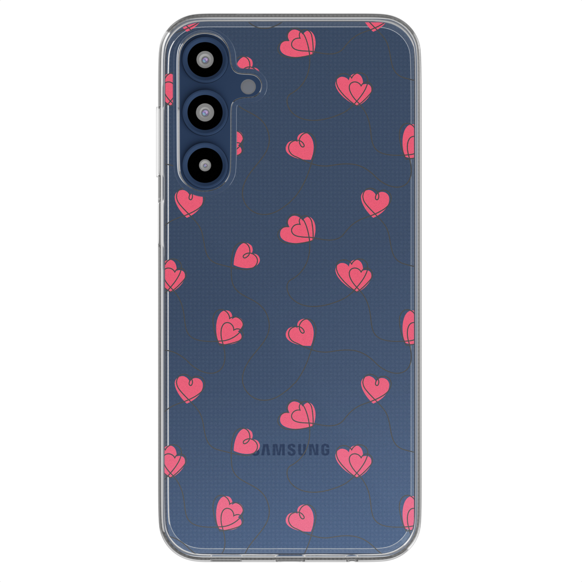 Een telefoonhoesje met een blauwe achtergrond en een patroon van rode harten, de telefoon erin.