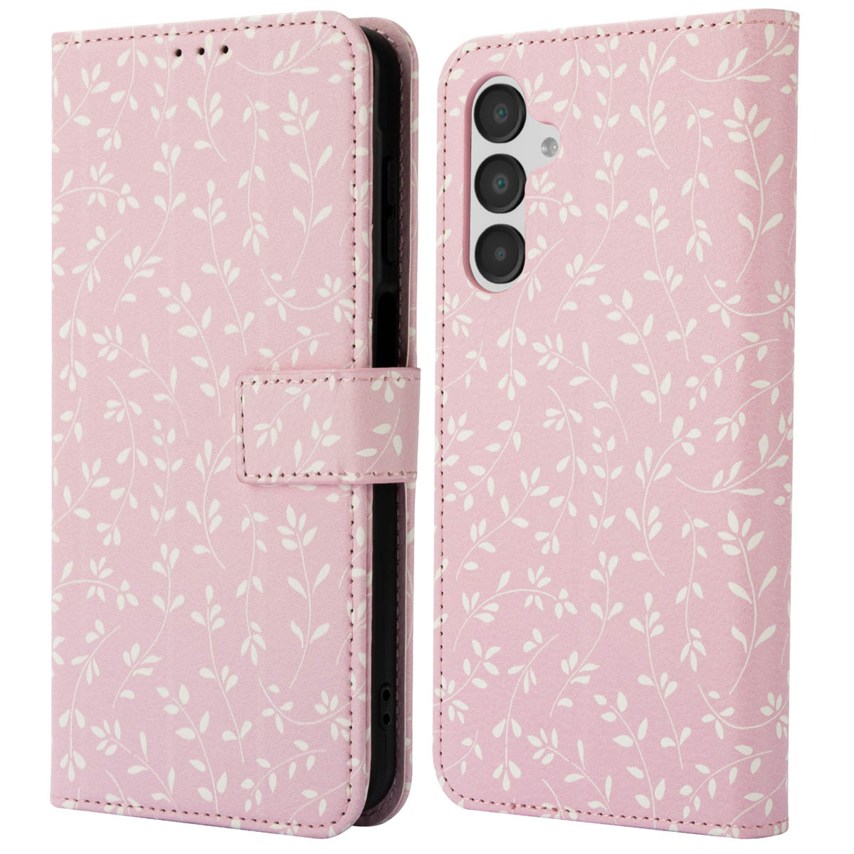 Roze telefoonhoesje met wit bloemmotief, links open. De rechterkant is zichtbaar.