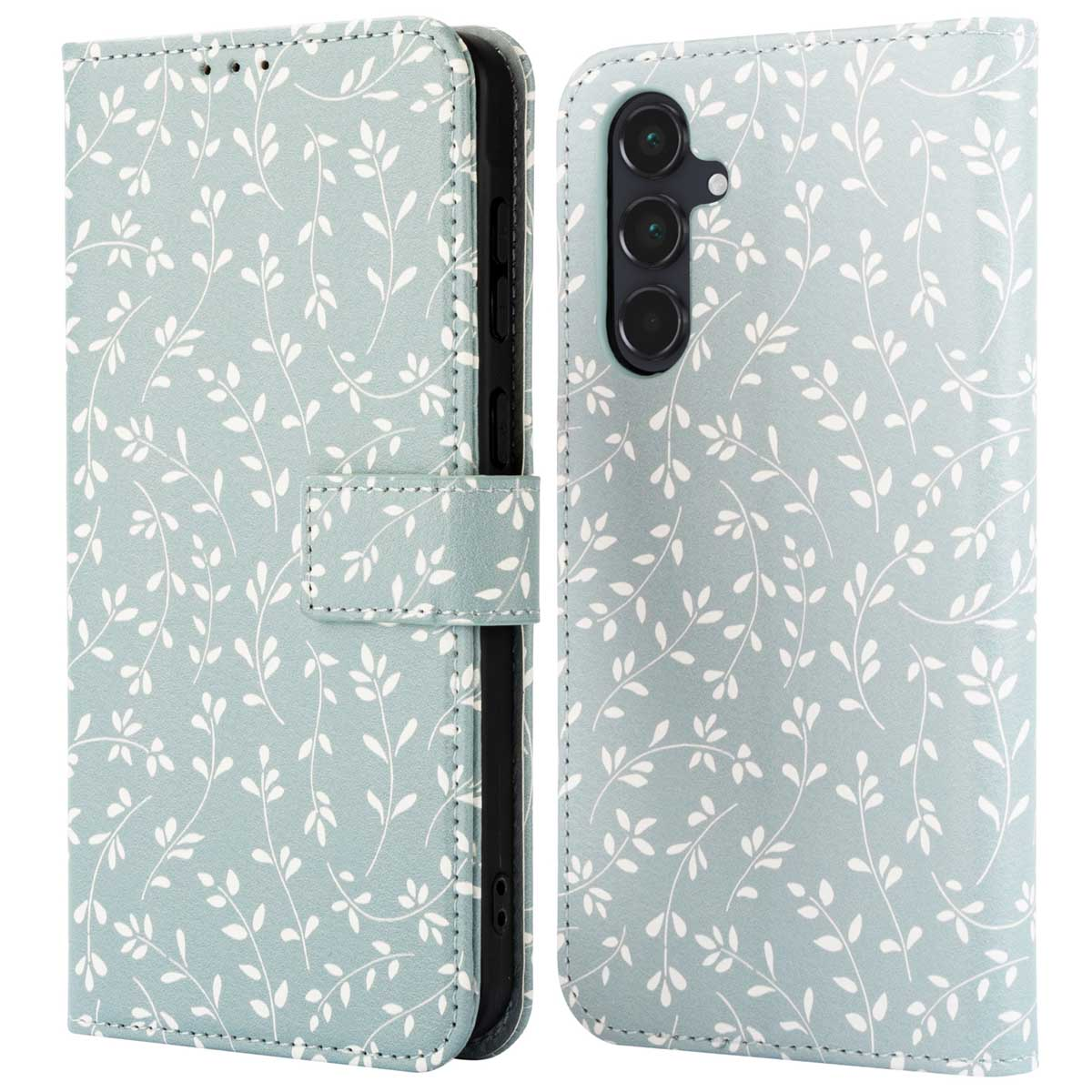 Coque de téléphone ouverte avec des feuilles blanches sur fond vert, révélant le téléphone.