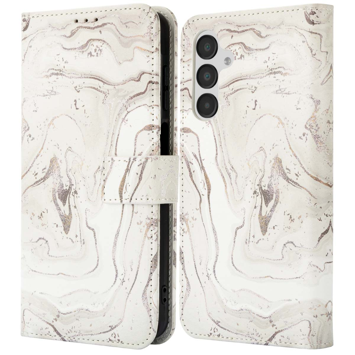Coque de téléphone avec motif marbre. Tourbillons blancs et gris avec des accents dorés.