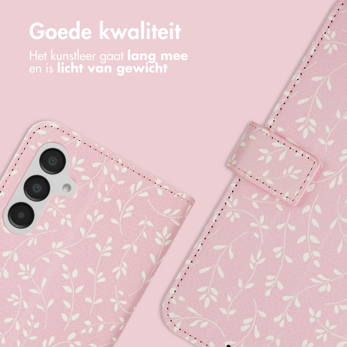 Roze telefoonhoesje met wit bloemenpatroon. De telefoon zit in de hoes. De achtergrond is roze.
