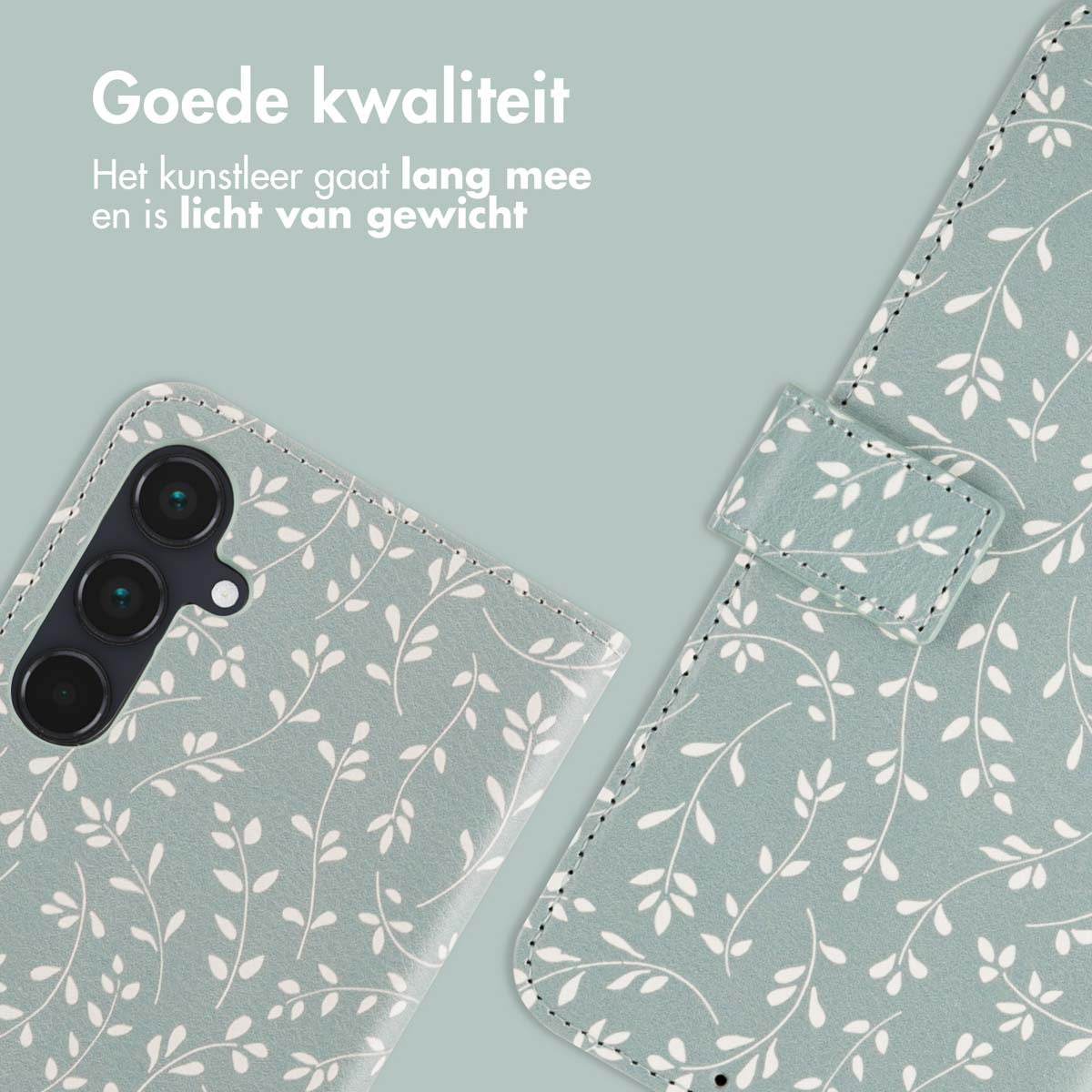 Coque de téléphone à motif floral. La coque est sur un fond vert clair.