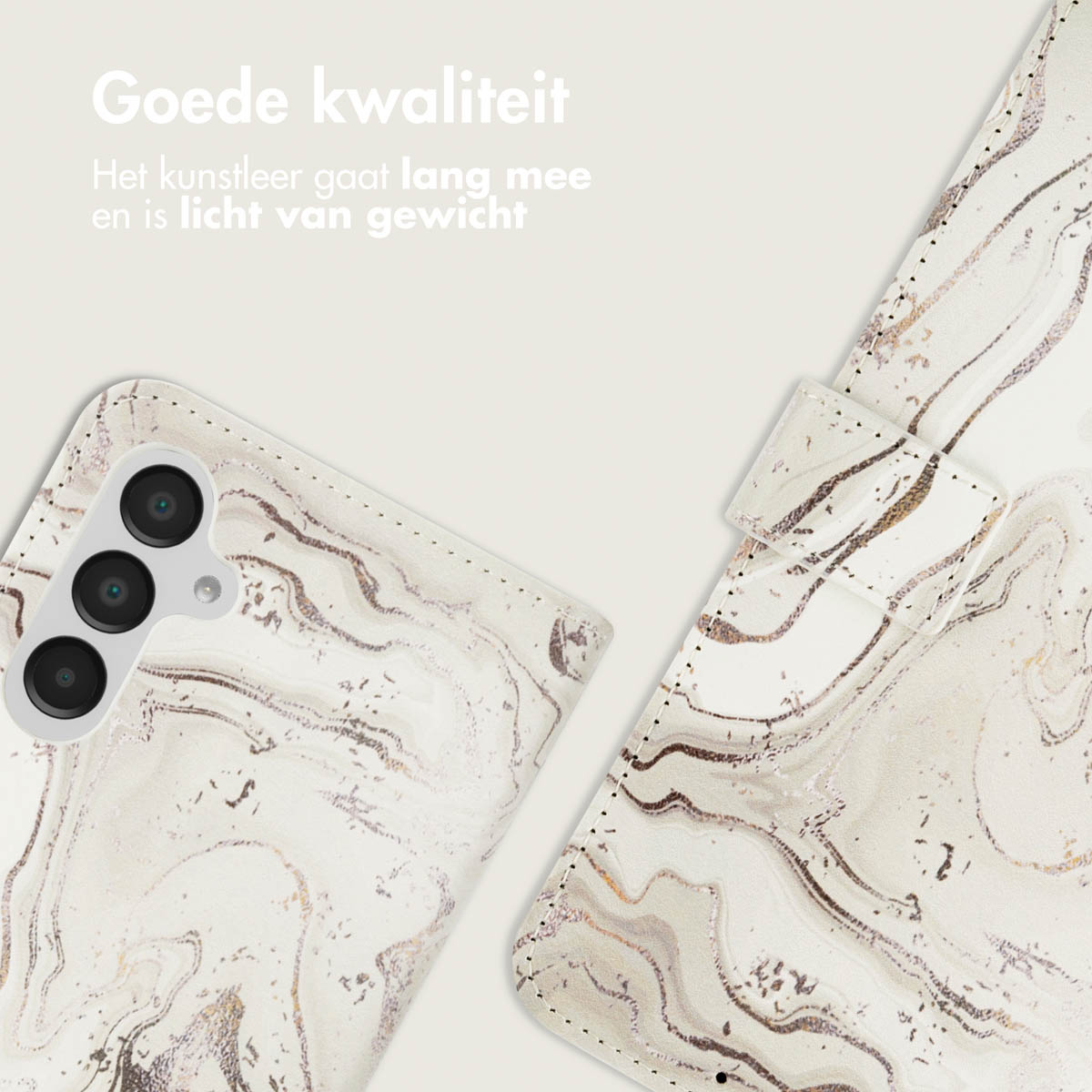 Coque de téléphone : motif marbre. Blanc et gris. Coque et couvercle ouverts.