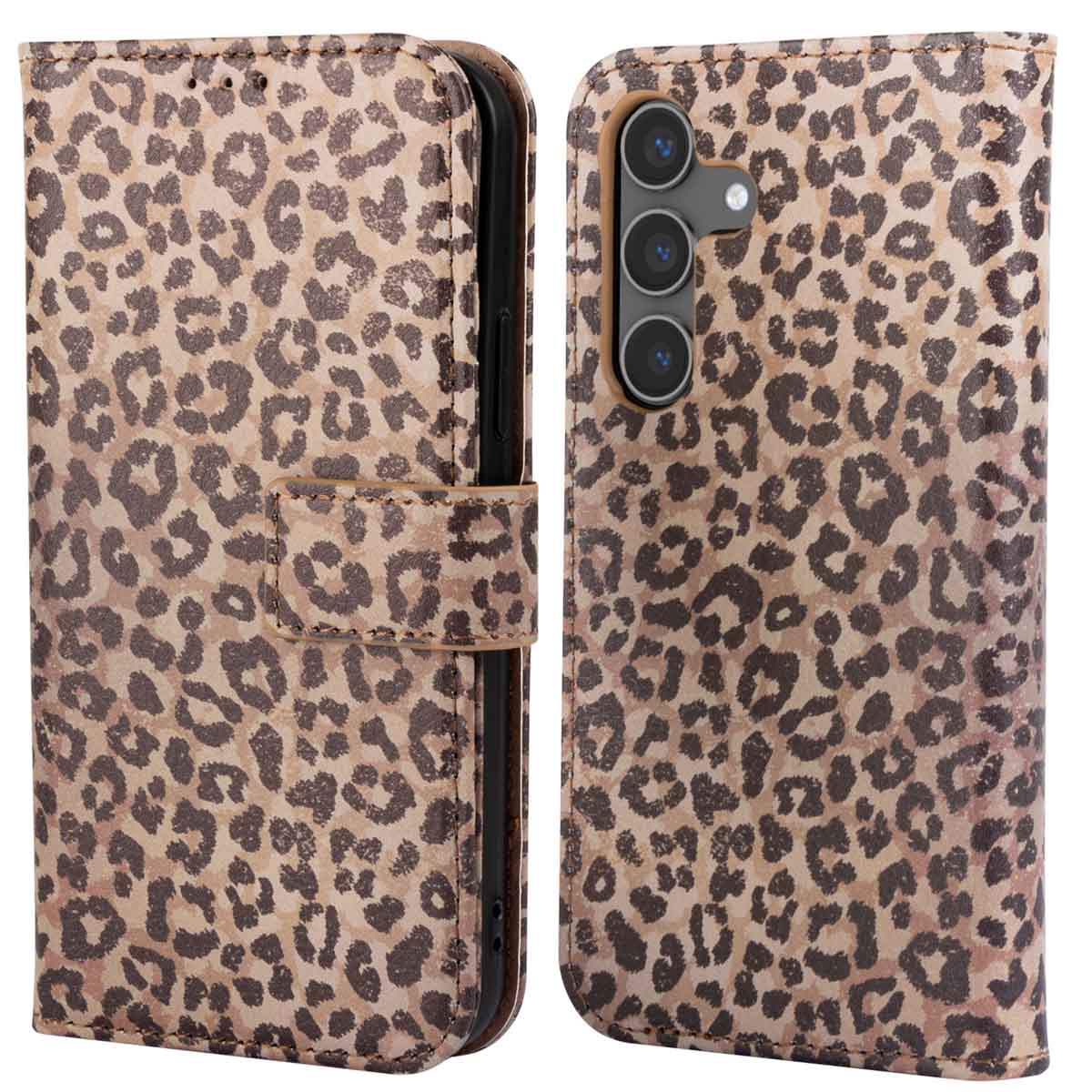 Telefoonhoesje met luipaardprint, open. De hoes toont de telefoon binnenin. De kleur is bruin.