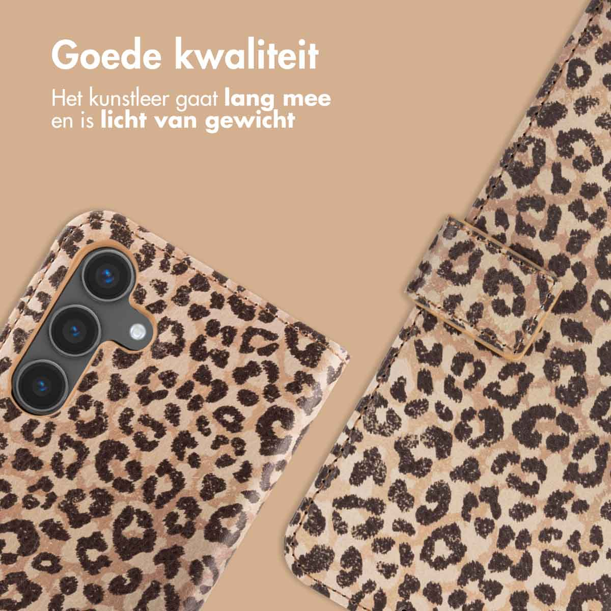 Close-up van een telefoonhoesje met luipaardprint en de open flap. Tekst zegt 'Goede kwaliteit'.