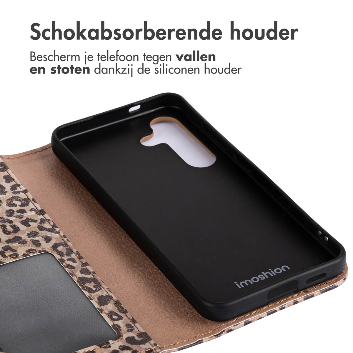 Telefoonhoes binnenkant, zwarte telefoonhouder en een luipaard patroon gedeelte met het imoshion logo.