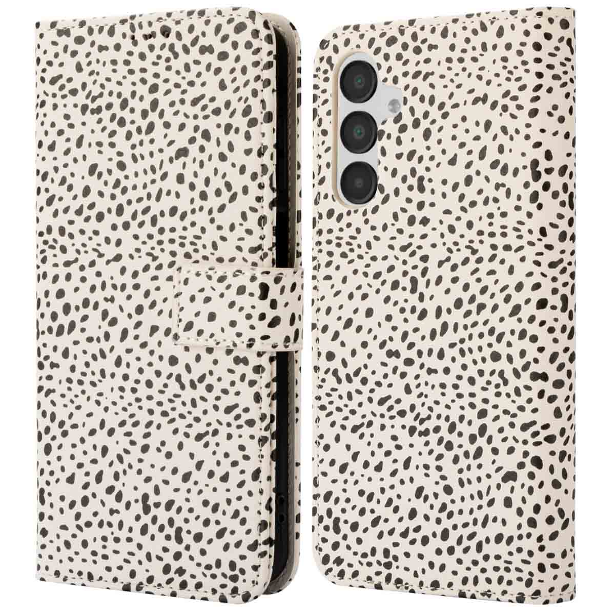 Une coque de téléphone avec un fond blanc, recouverte de petits points noirs.
