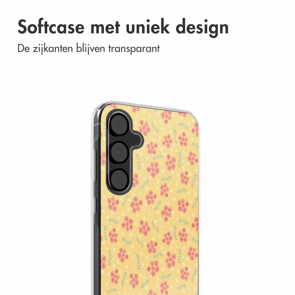 Telefoonhoesje: gele achtergrond met roze bloemen en groene bladeren. Telefoon is zichtbaar.