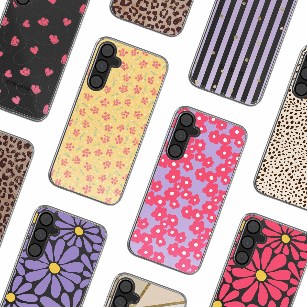 Assortiment telefoonhoesjes met diverse bloemen- en patroonontwerpen, witte achtergrond.