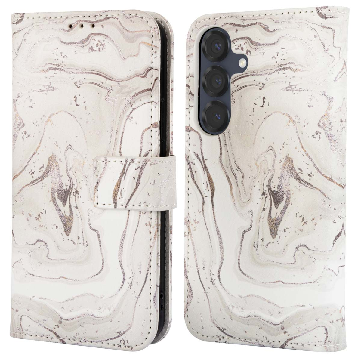Étui de téléphone en marbre ouvert, montrant le téléphone. Motif marbré.