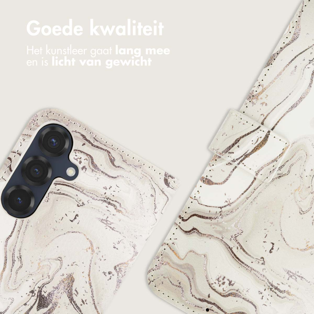 Coque de téléphone avec un motif marbré, ouverte. L'étui montre le téléphone à l'intérieur. Texte : 'Bonne qualité'.