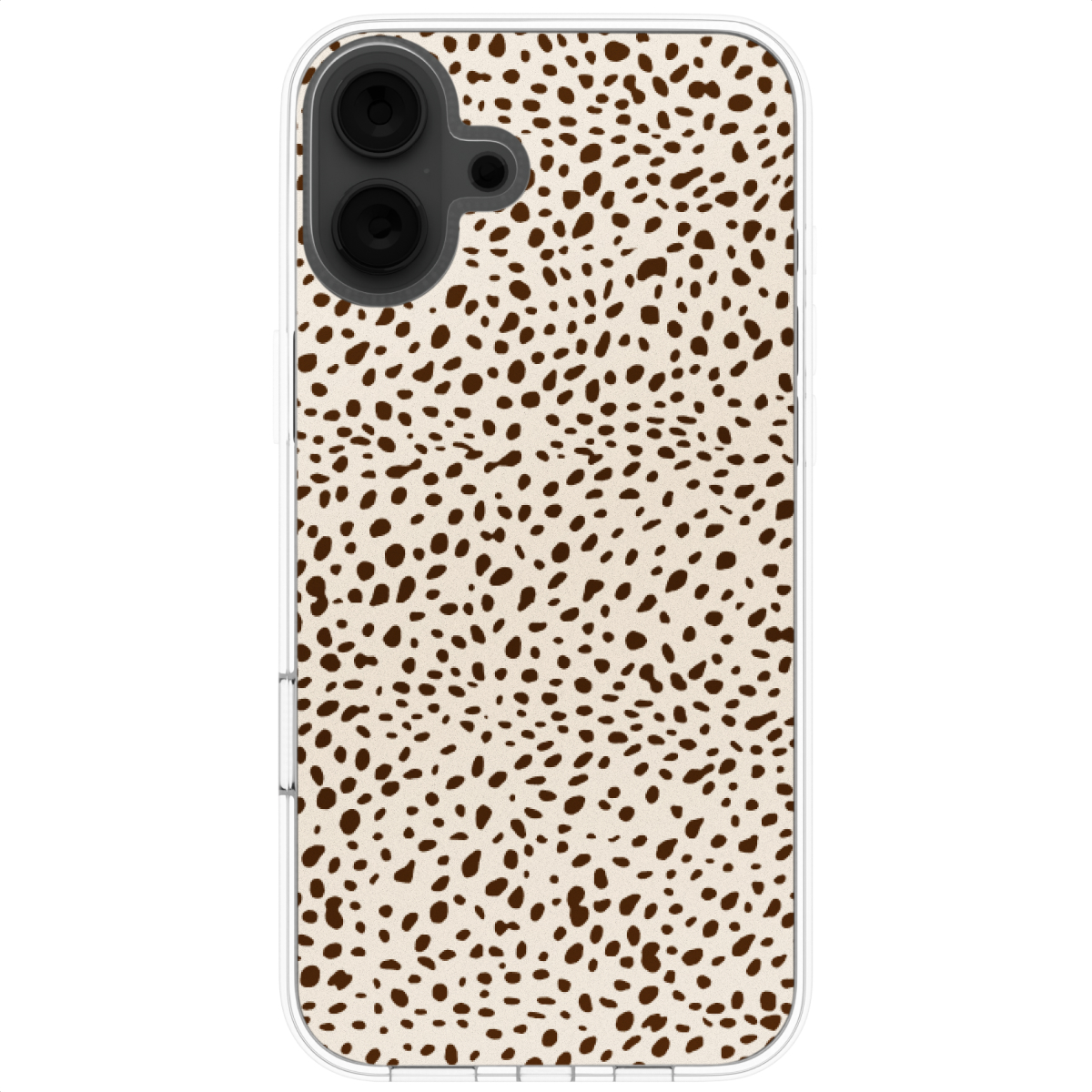 Handyhülle mit braunem Fleckenmuster. Die Hülle ist transparent. Das Telefon hat eine Kamera und Tasten. Weißer Hintergrund.