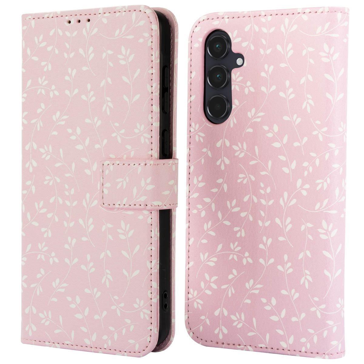 Roze telefoonhoesje met wit bloemmotief, links open. De rechterkant is zichtbaar.