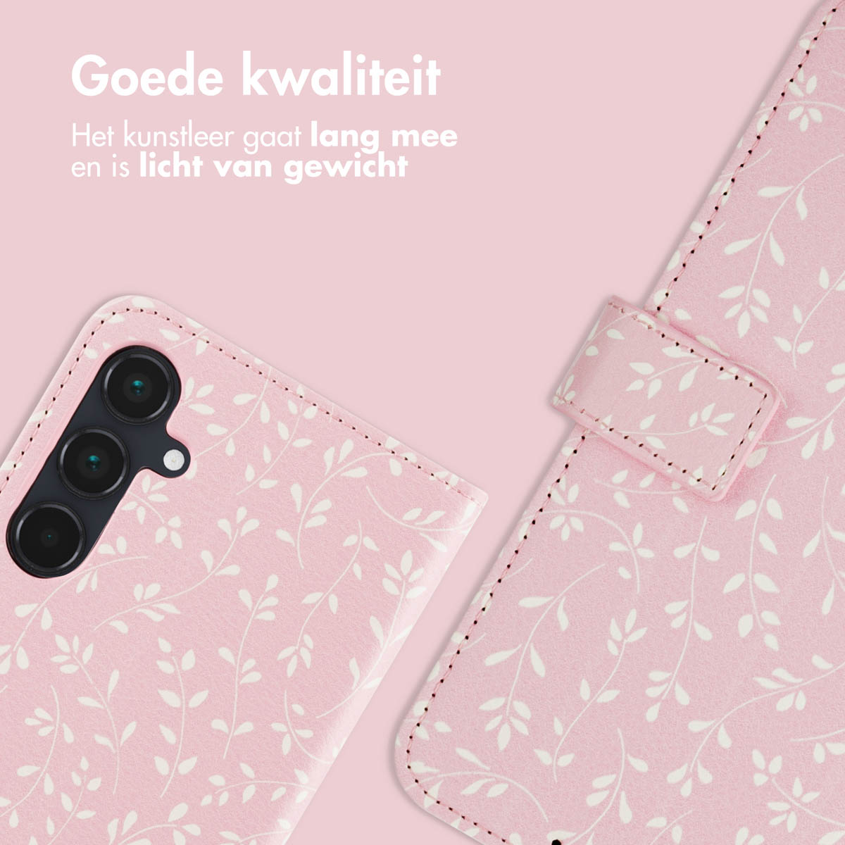 Telefoonhoesje: roze met witte bladeren. Open hoesje. Er is een telefoon met camera zichtbaar.