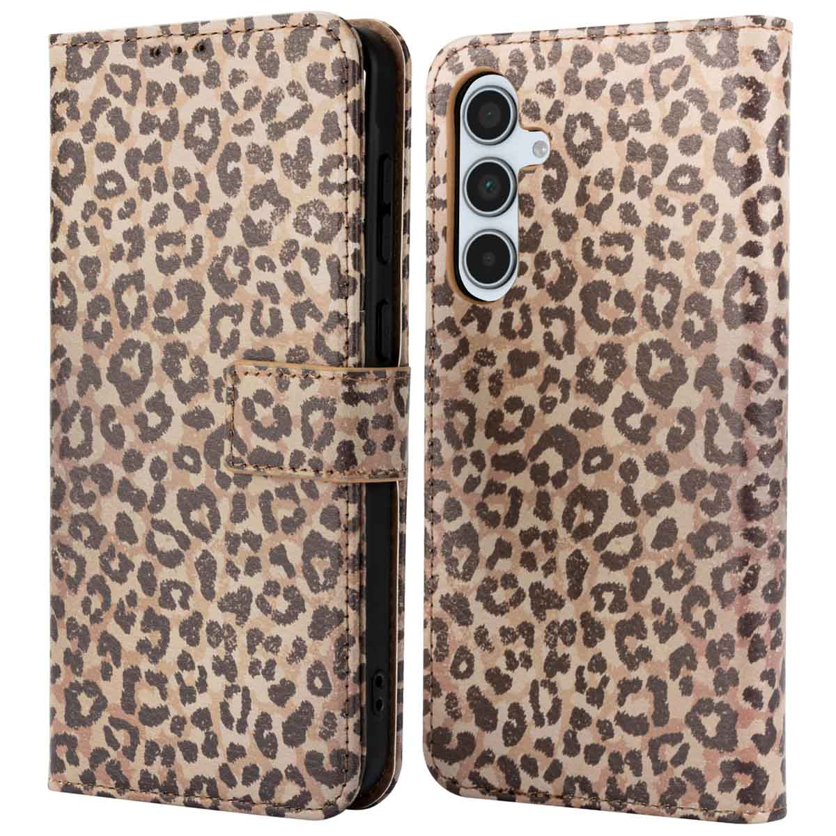 Telefoonhoesje met een luipaardprintpatroon in bruine en beige tinten. De hoes is open.