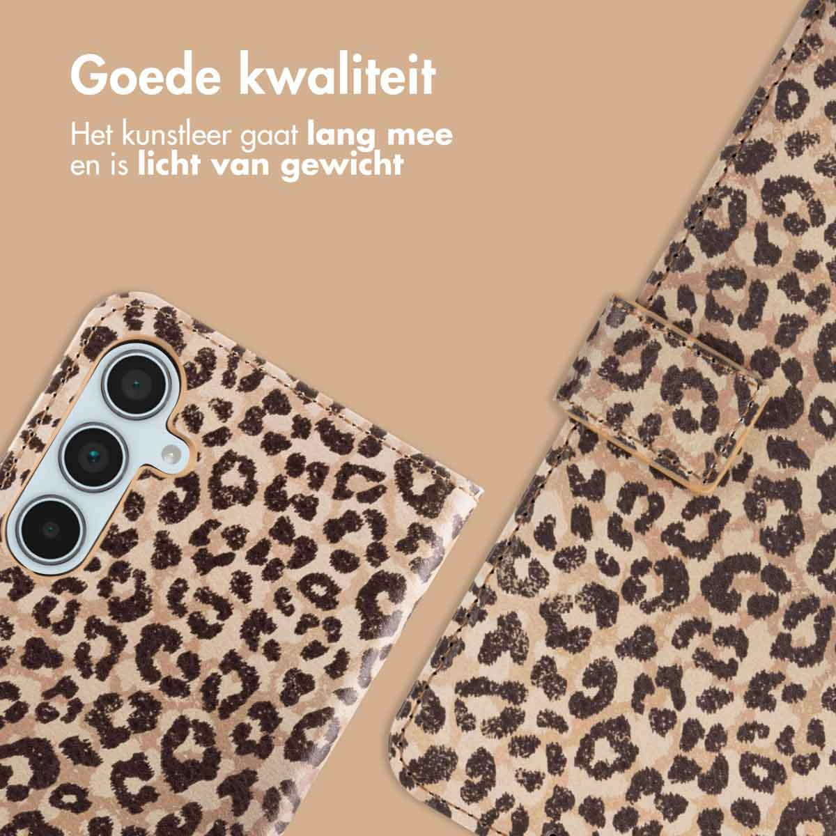 Telefoonhoesje met luipaardprint, open. De hoes toont de telefoon binnenin. Tekst: 'Goede kwaliteit'.