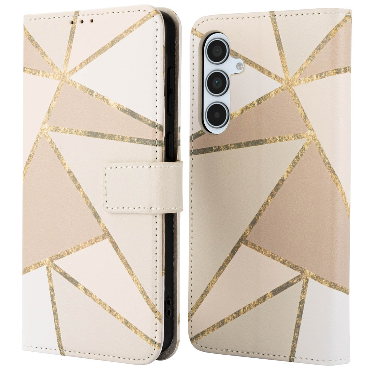 Telefoonhoesje met geometrisch ontwerp. Beige, bruin en gouden driehoeken.