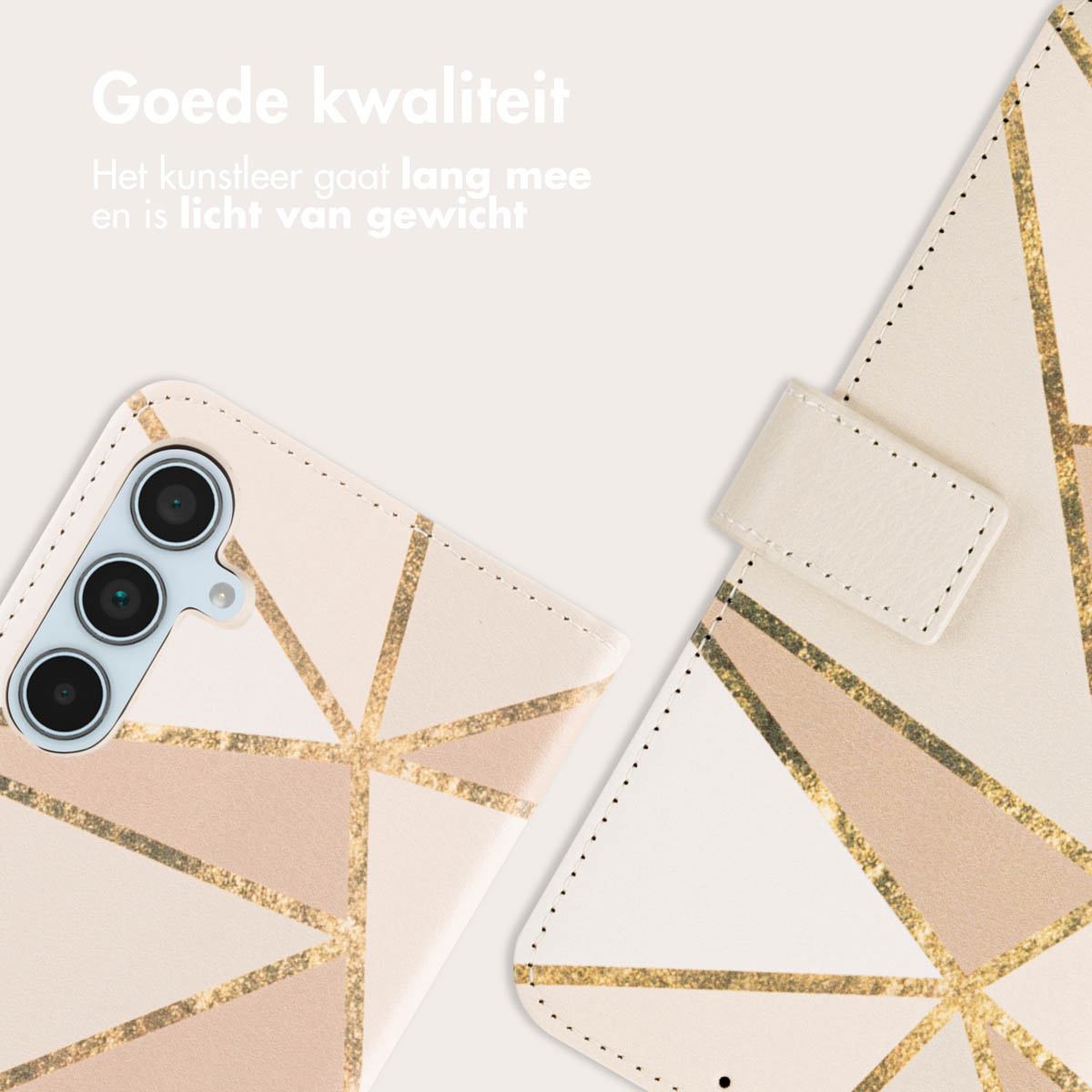Telefoonhoes met geometrisch design in beige en goud. Tekst luidt 'Goede kwaliteit'.