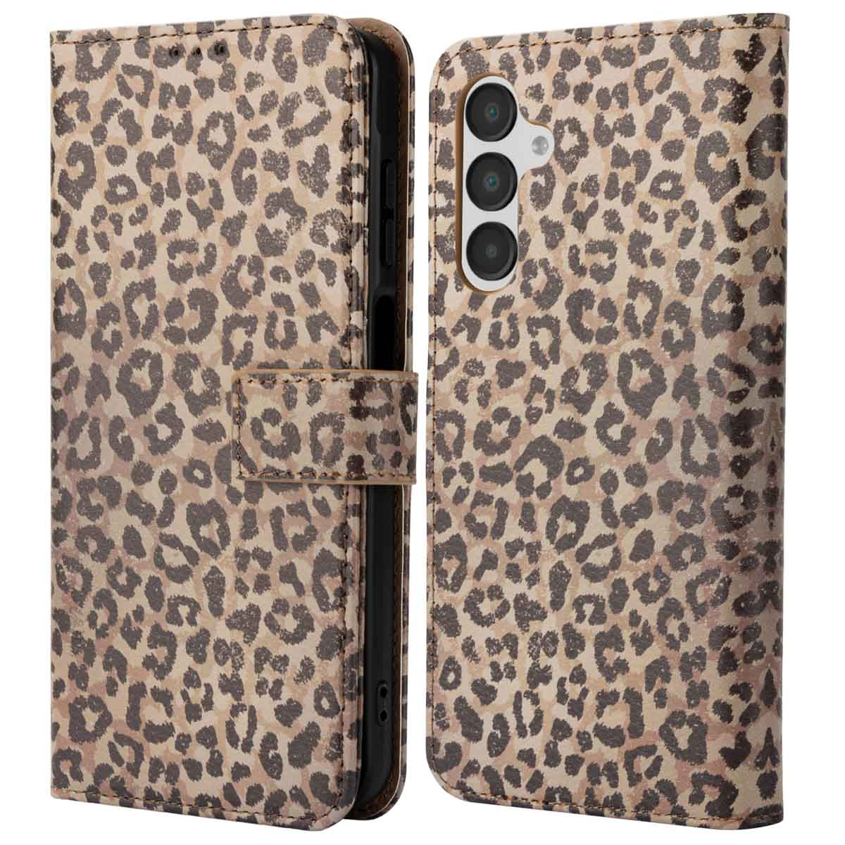Telefoonhoesje met een luipaardprintpatroon in bruine en beige tinten. De hoes is open.