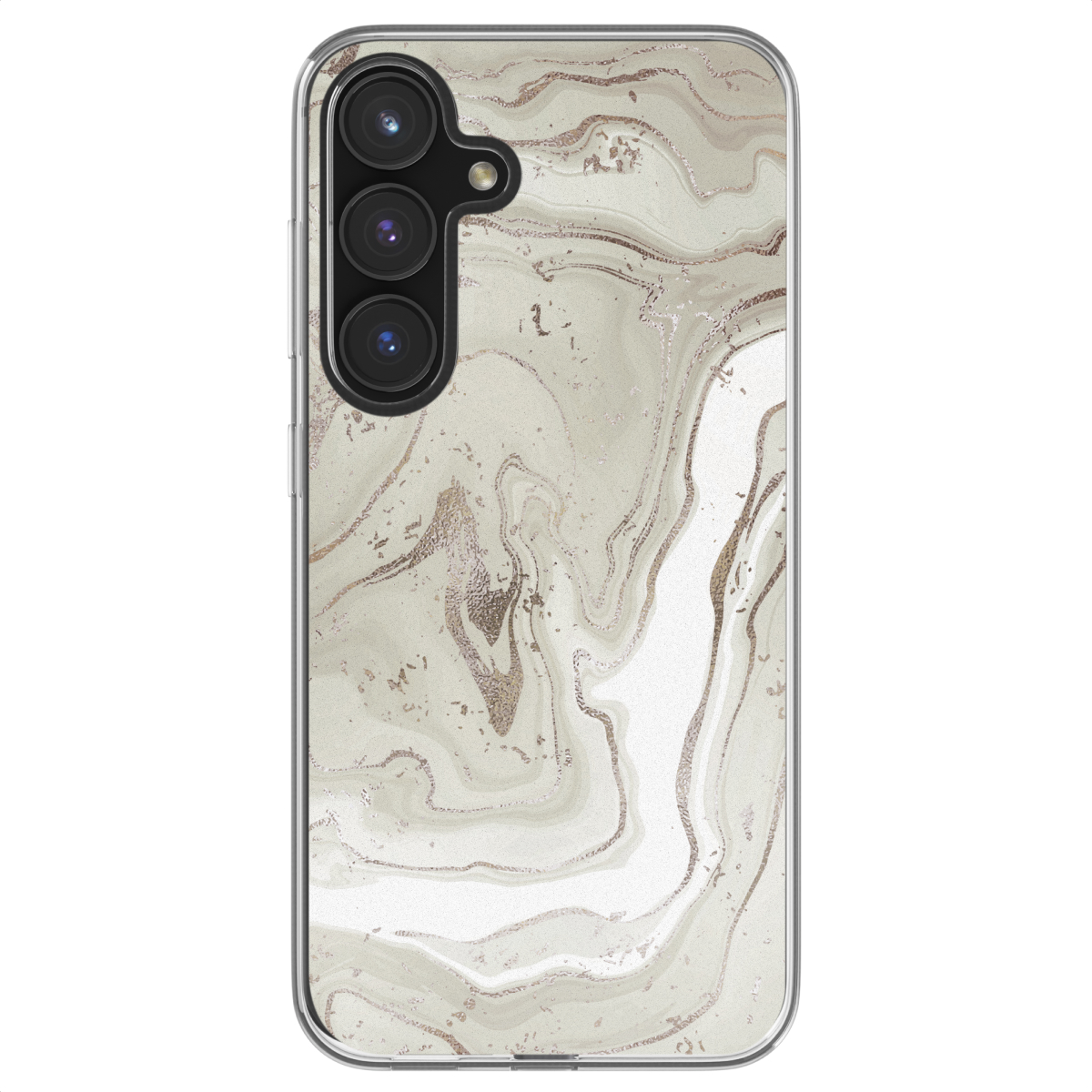 Telefoonhoesje met een marmerdesign in beige en goudtinten, in een close-up shot.