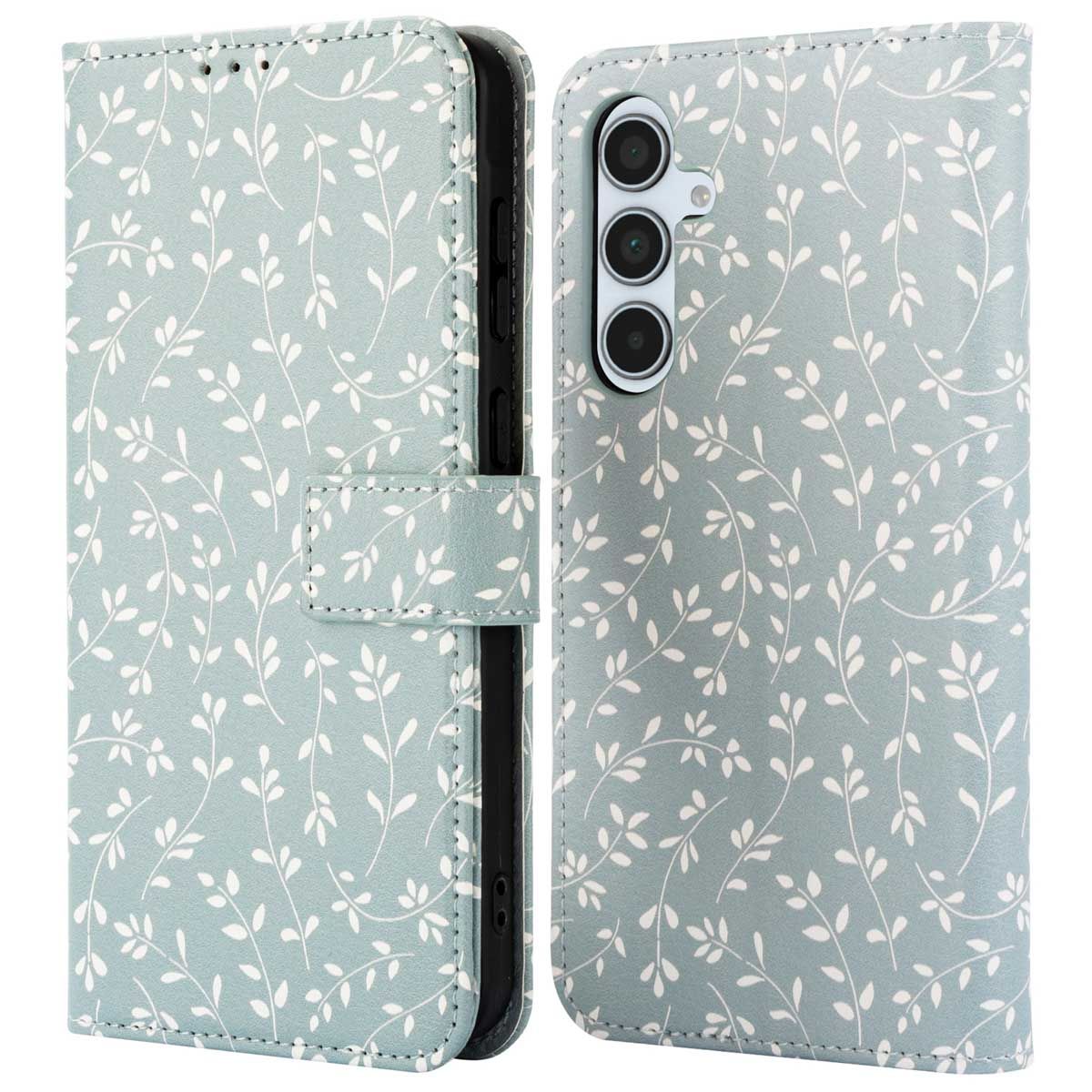 Een telefoonhoesje met een lichtblauwe achtergrond en een wit bladerpatroon.