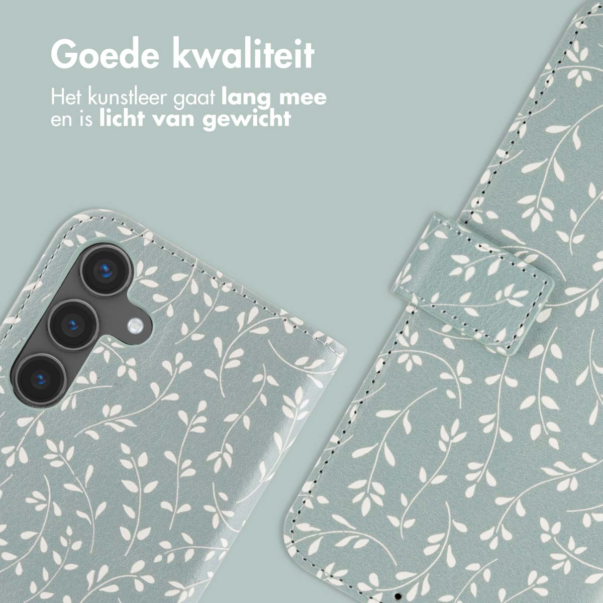 Telefoonhoes met wit bladerpatroon op lichtgroene achtergrond. Tekst: 'Goede kwaliteit'.
