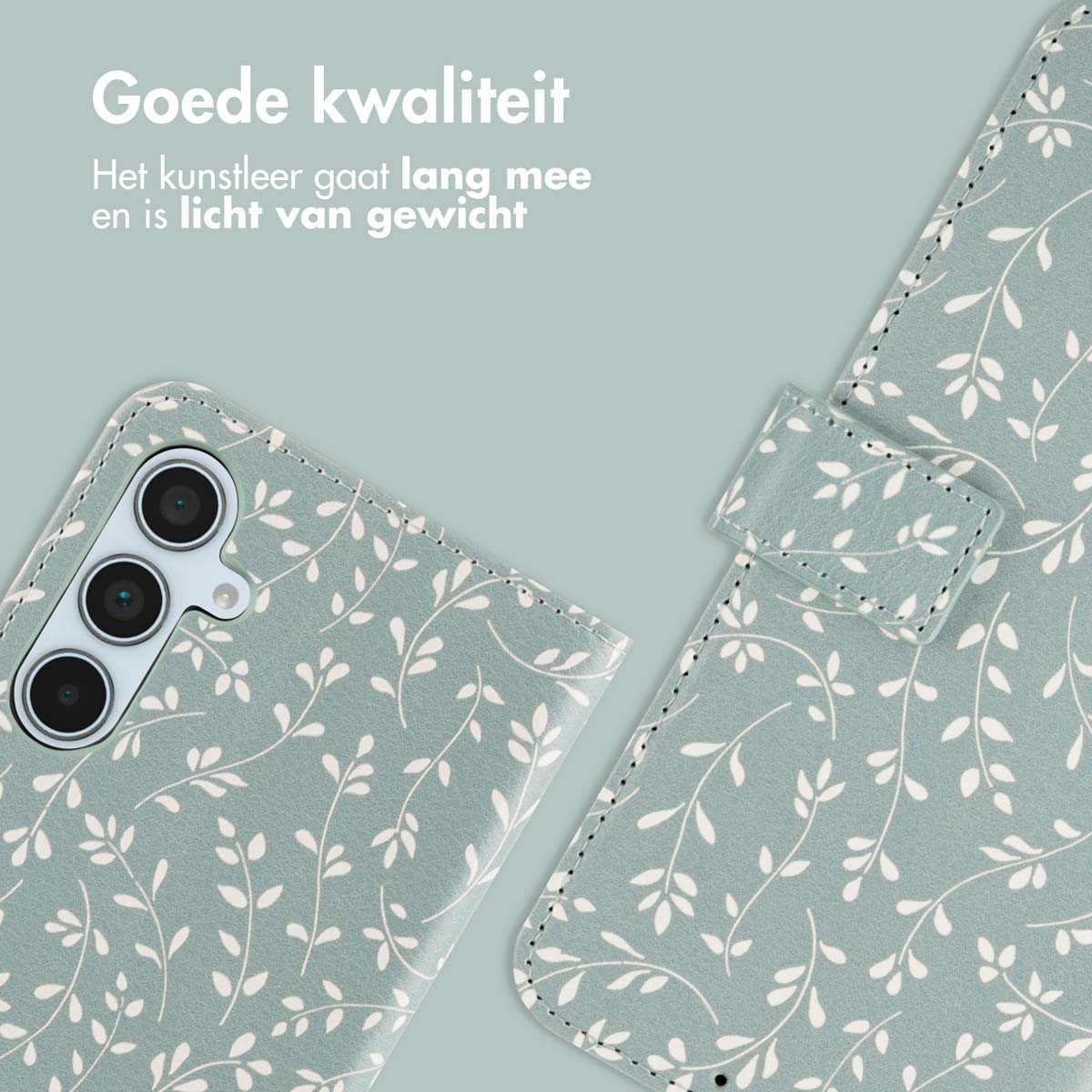 Een telefoonhoesje met een groen bloemenpatroon, gedeeltelijk open.